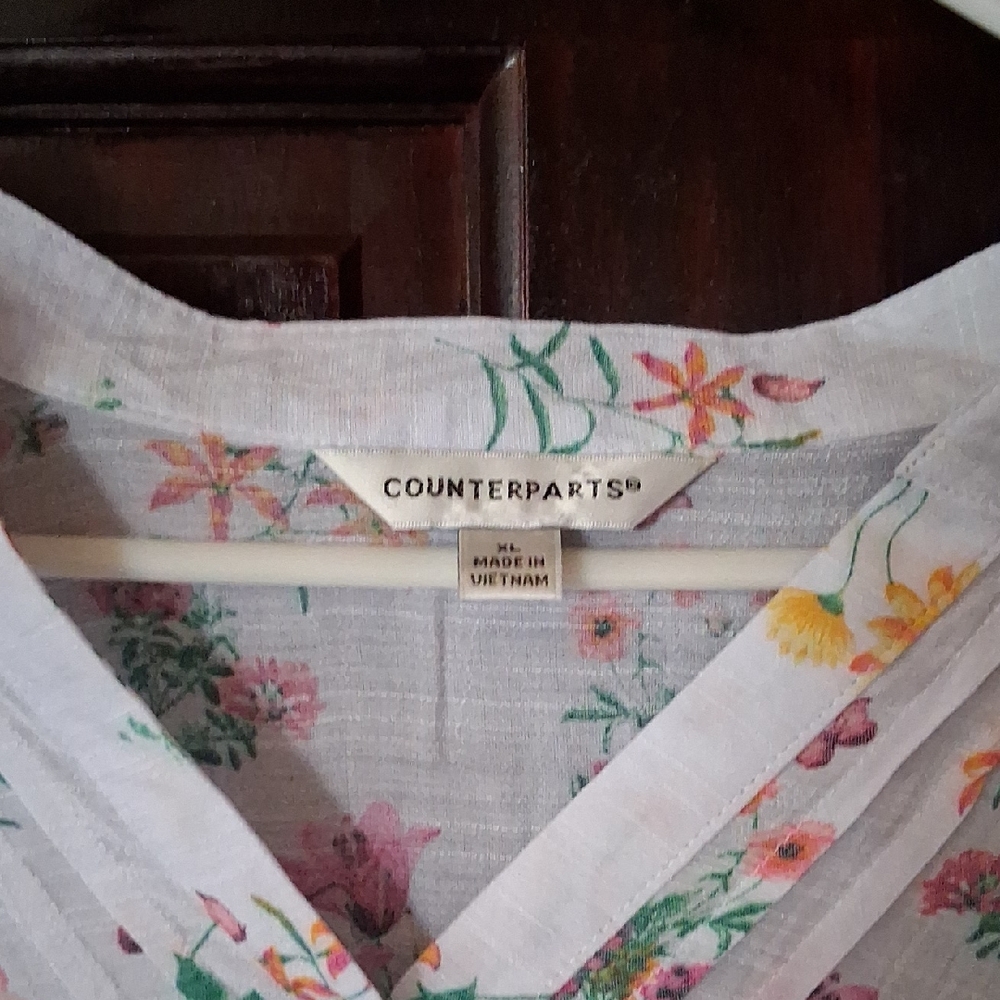 Counterparts White Floral V-Neck Blouse with Pink, Yellow, Green Accents